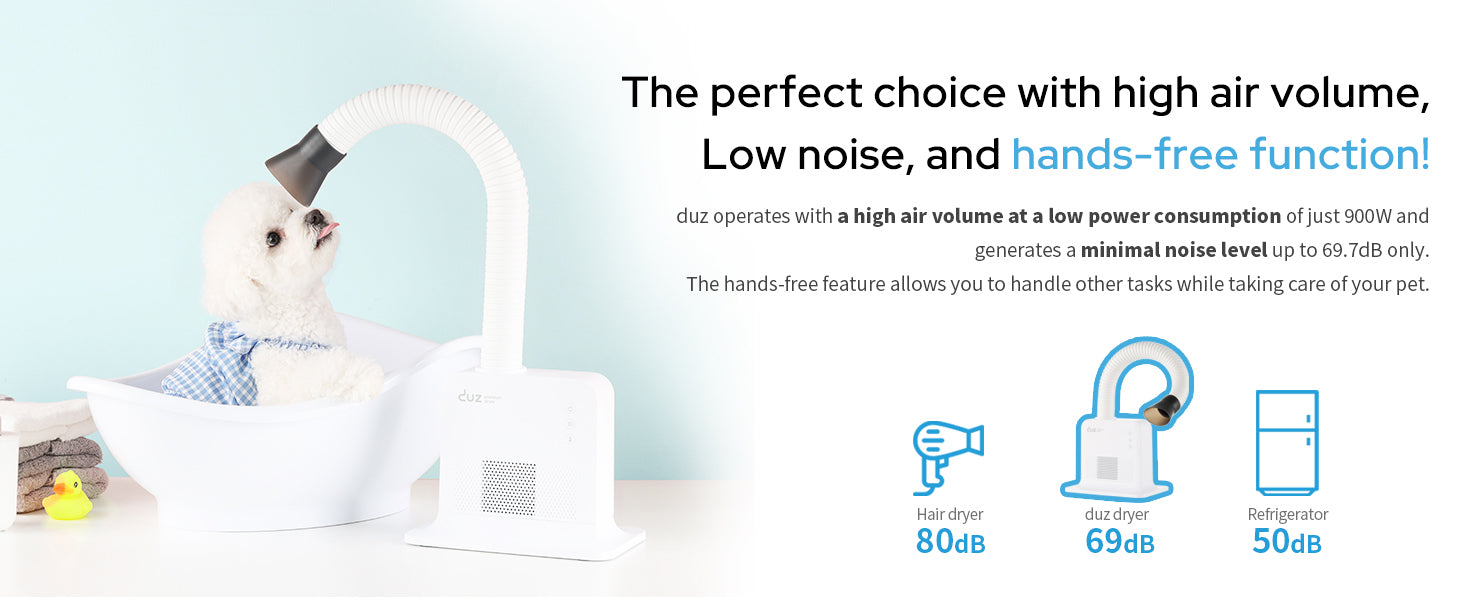 duz V2Pro Hands-Free Pet Dryer — PMSM Motor, 30 Heat/Air Settings, 69d
